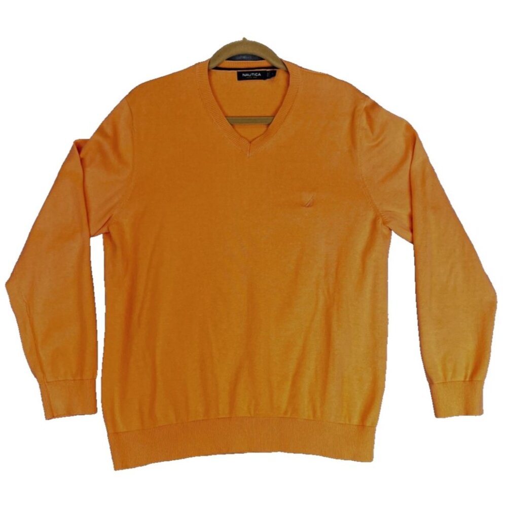 Nautica Sweater Mens Large Orange V Neck 100% Cotton Pullover Lightweight Knit